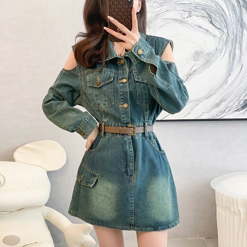 【dress】オフショルダーデニムワンピース　M25743