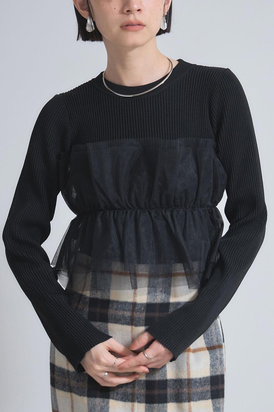 【tops】チュールドッキングニットトップス　M28014