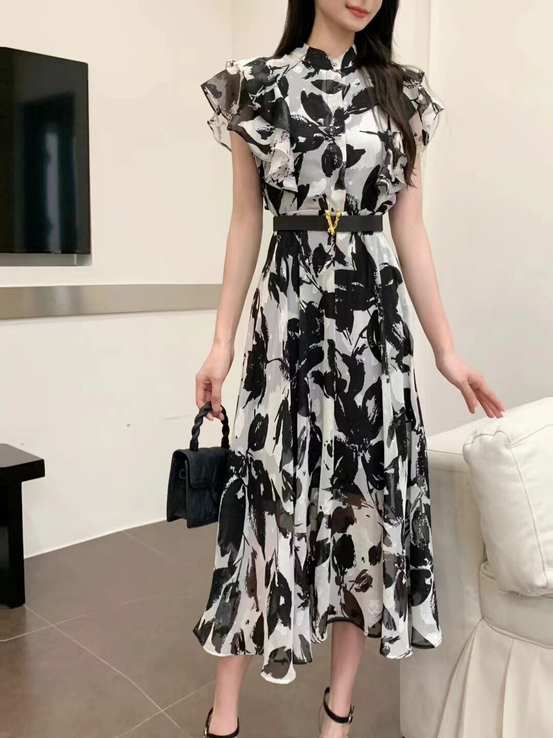 【dress】フレンチスリーブプリントワンピースF7479