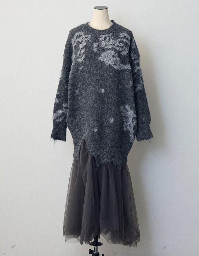 【dress】チュールドッキングロングニットワンピース Q7839