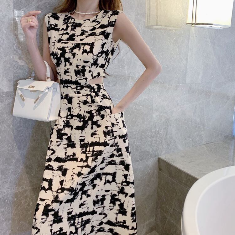 【dress】今季大好評海旅行ラウンドネックプリントノースリーブ着やせワンピースF0323