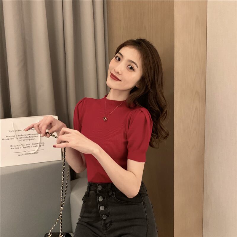 【tops】好感度UPラウンドネック半袖着やせファッションニットTシャツF0100