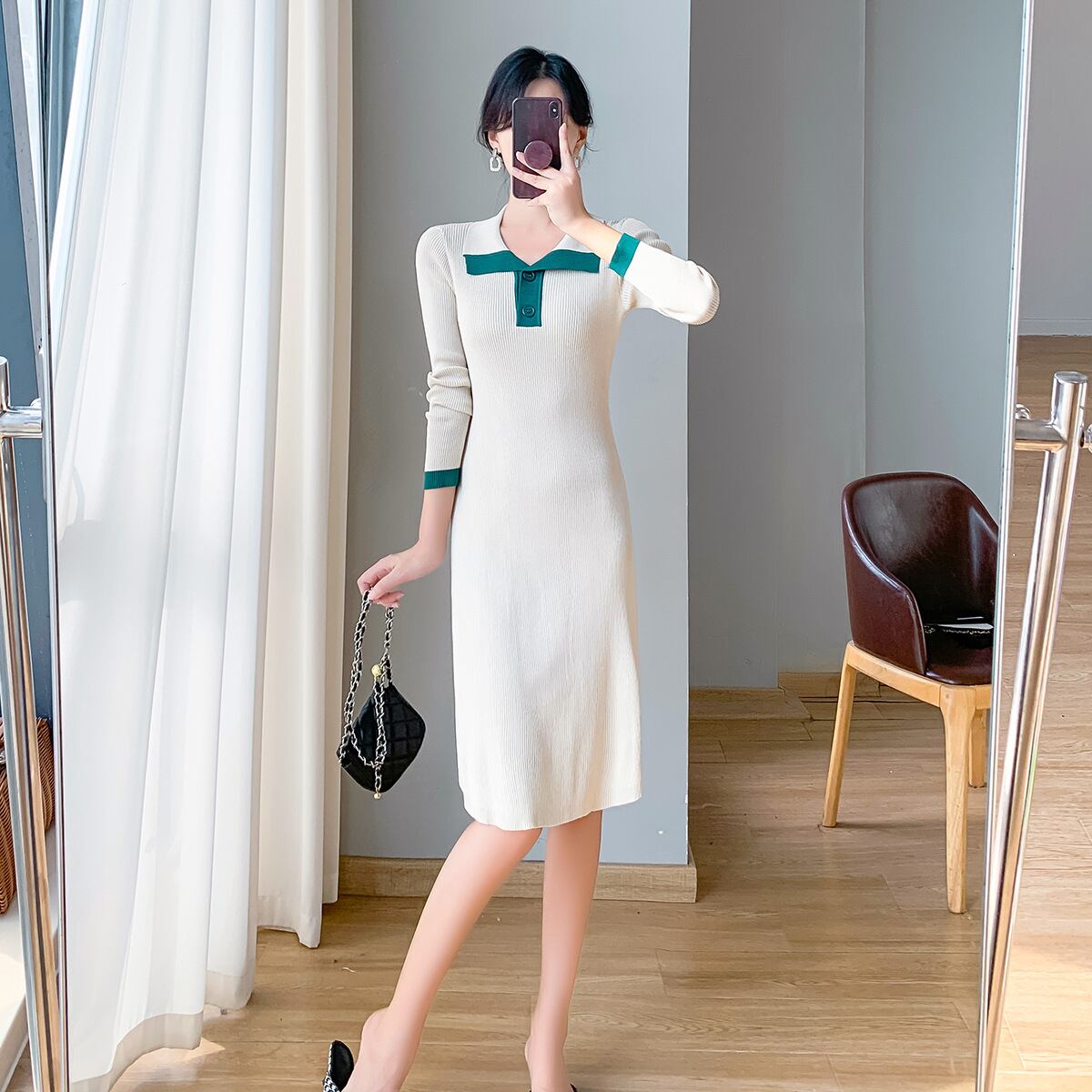 【dress】折り襟ニットワンピース　M18990