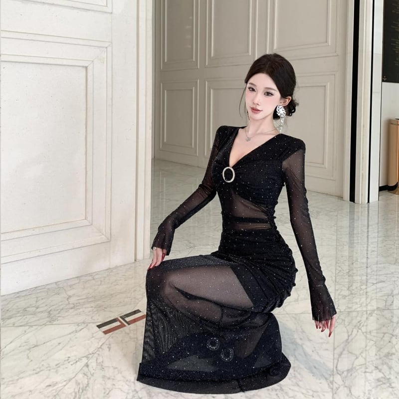 【dress】チュールドッキングロングワンピース Q7422