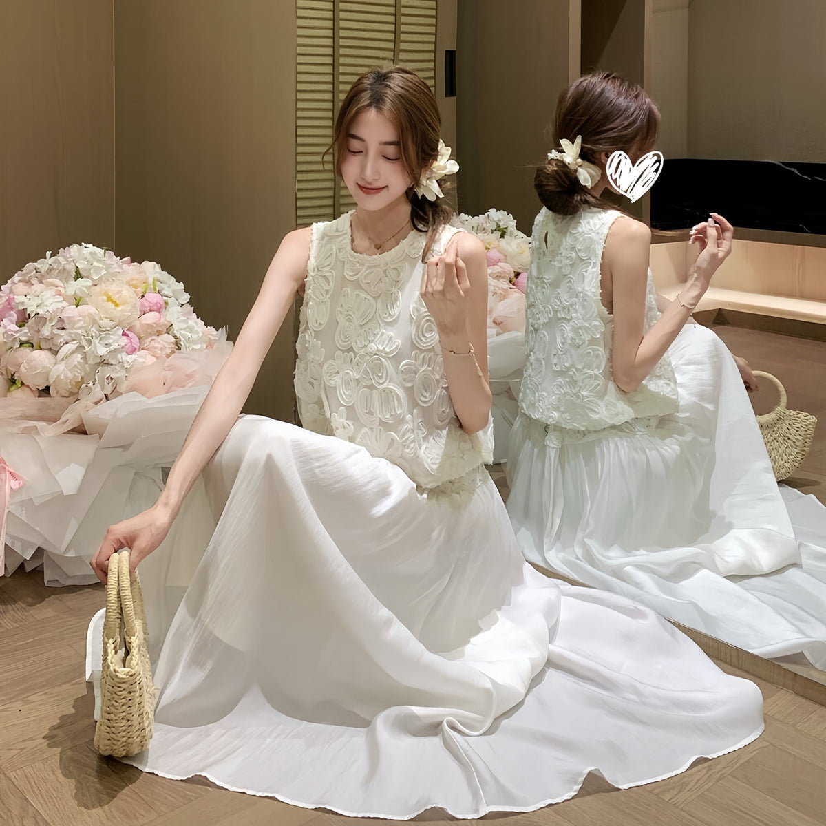 【set】立体感フラワートップス×ロングスカートセット     N3577