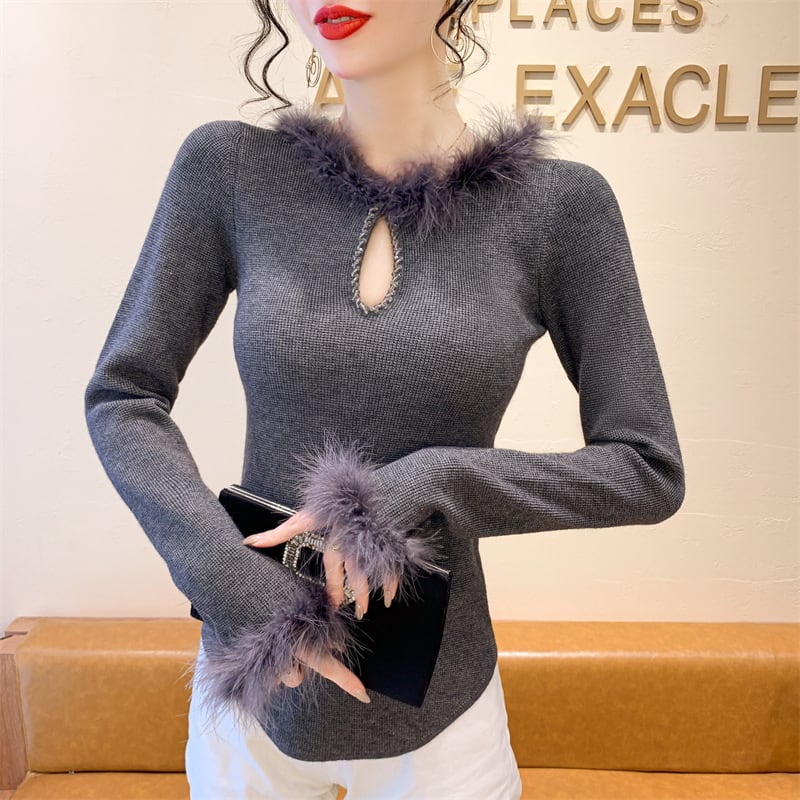 【tops】フェイクファーニットトップス　N2918