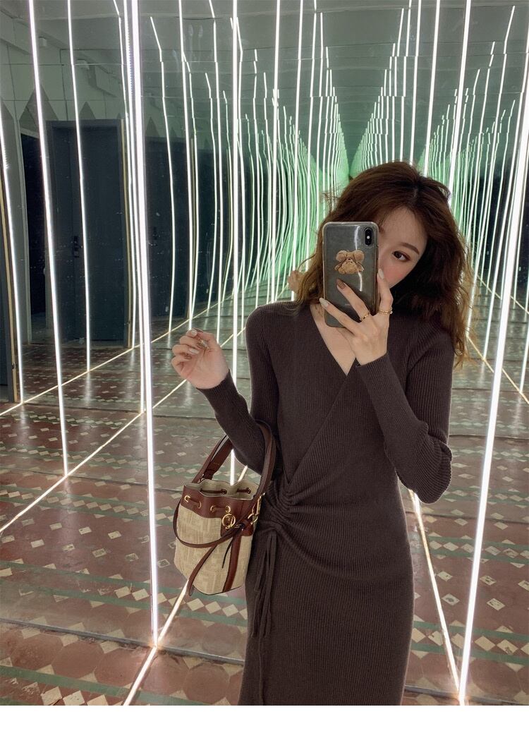 【dress】好感度UP!気質満点デザインフランス風シンプルVネックニットワンピース G2822