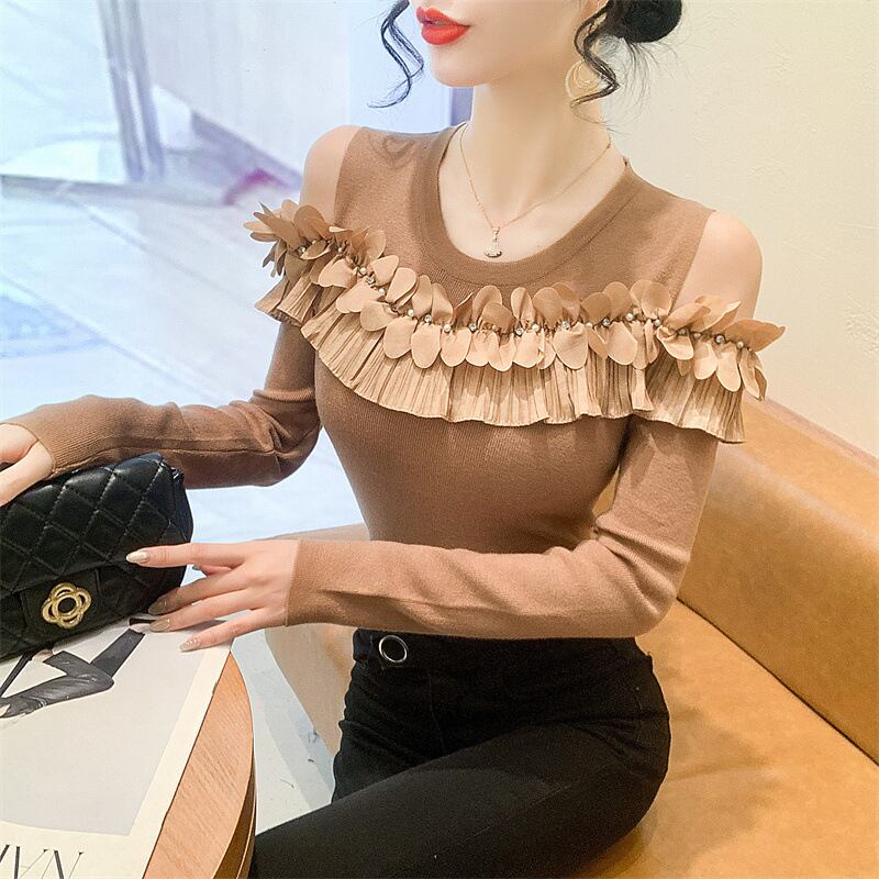 【tops】フリルオフショルダーニットトップス　M27519
