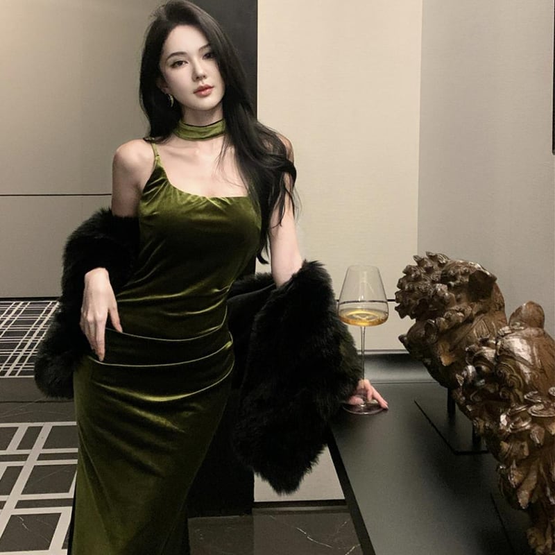 【dress】ベルベットロングキャミワンピース Q7717
