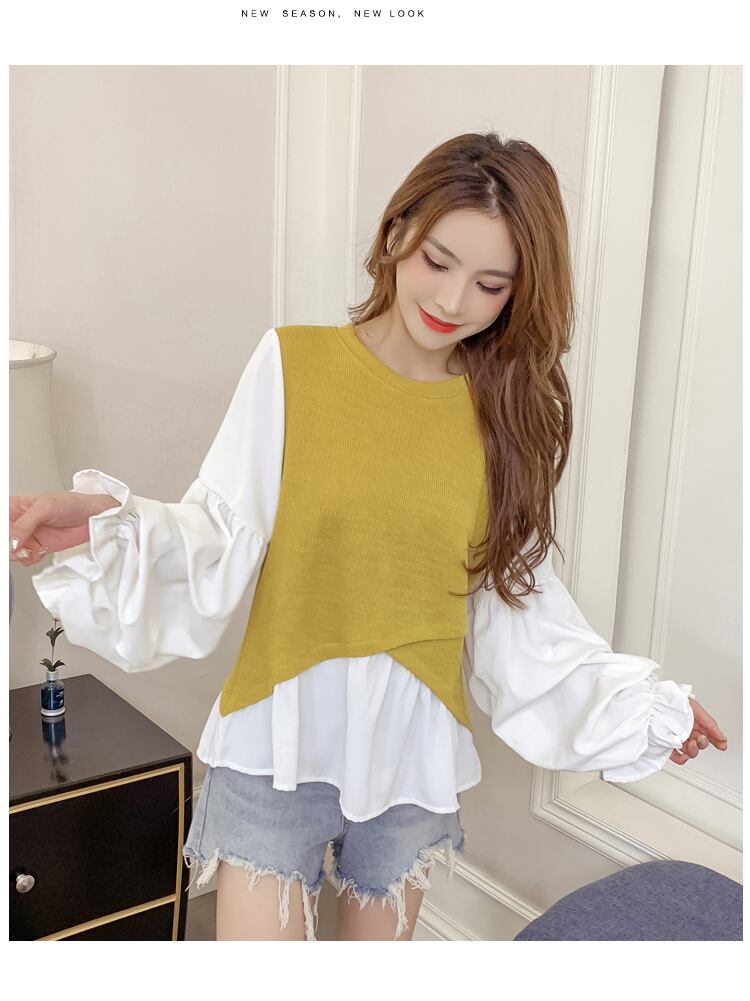 【tops】韓国ファッション早秋新作ラウンドネック長袖パフ袖偽二つ切り替えニットブラウスF0743