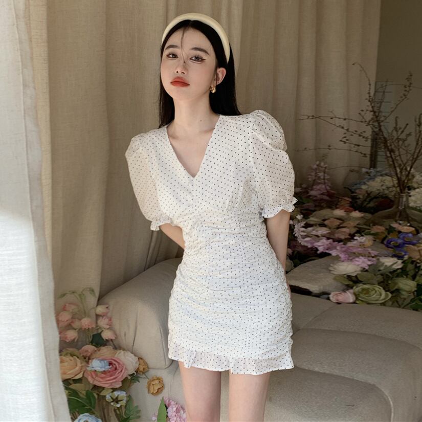 【dress】Vネックパフスリーブギャザーワンピース G21271