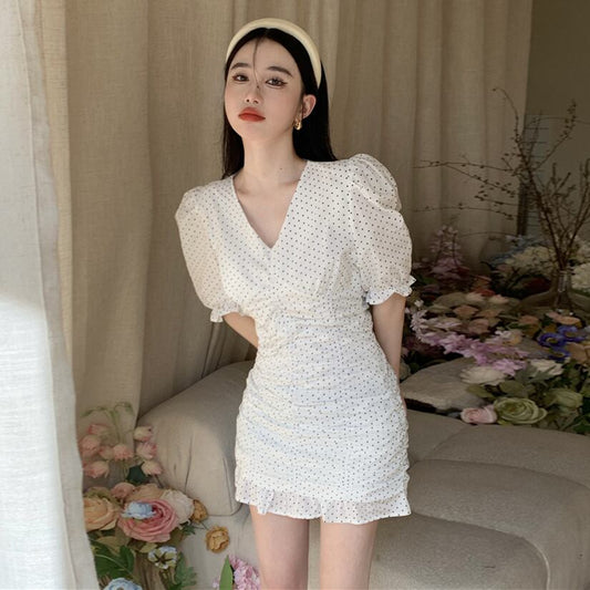 【dress】Vネックパフスリーブギャザーワンピース G21271