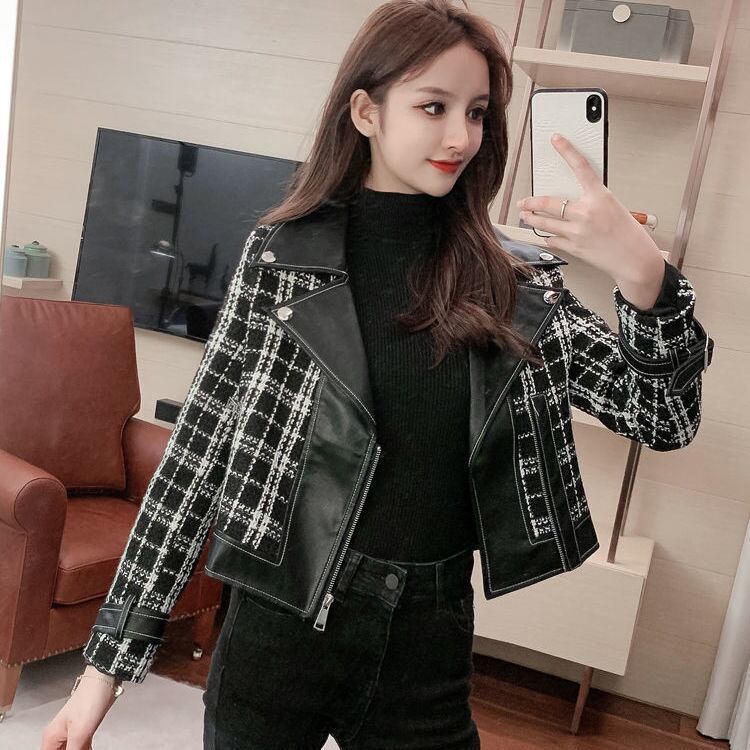 【outer】話題沸騰中大きいラペル長袖韓国風チェック柄配色切り替えショート丈ジャケットF1643