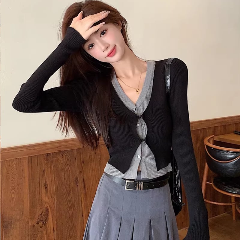 【tops】フェイクレイヤードニットトップス Q8150