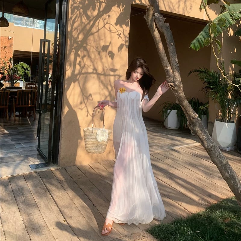 【dress】スカーフ付きシアーチュールチューブワンピース Q8511