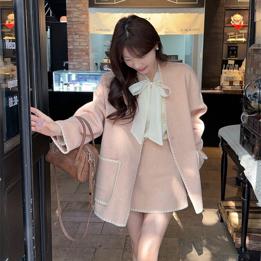 【set】シャツトップス×Vネックコート×スカートセット　M27616