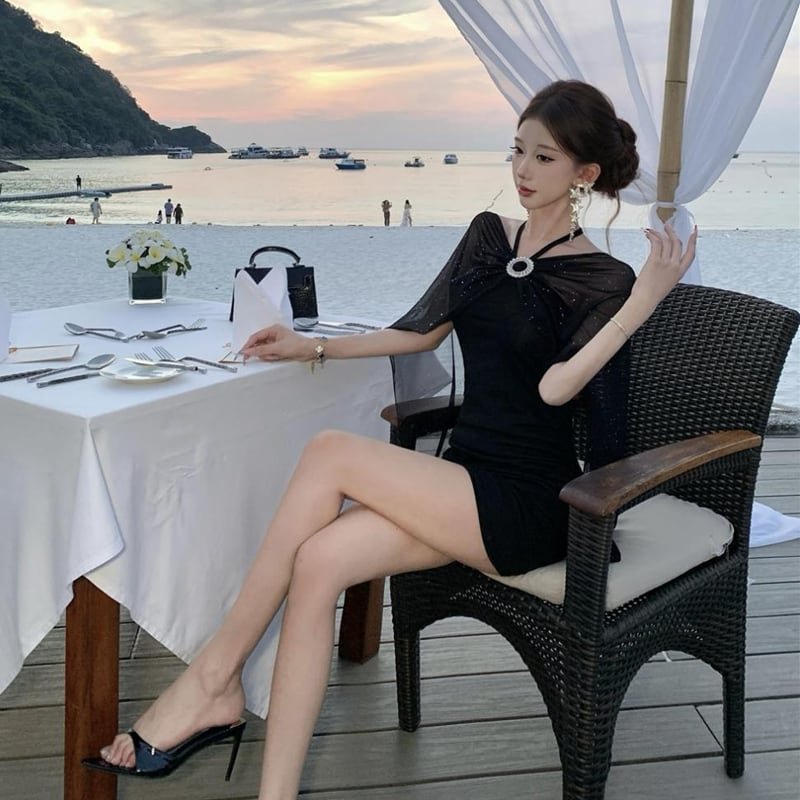 【dress】チュールドッキングホルターネックタイトワンピース Q8185