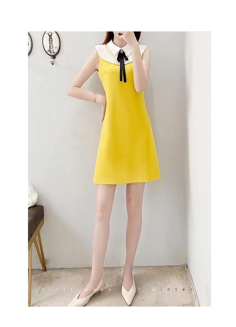 【dress】大人可愛い韓国風INS風POLOネックノースリーブ配色蝶々結びOL通勤タイトンワンピースF2425