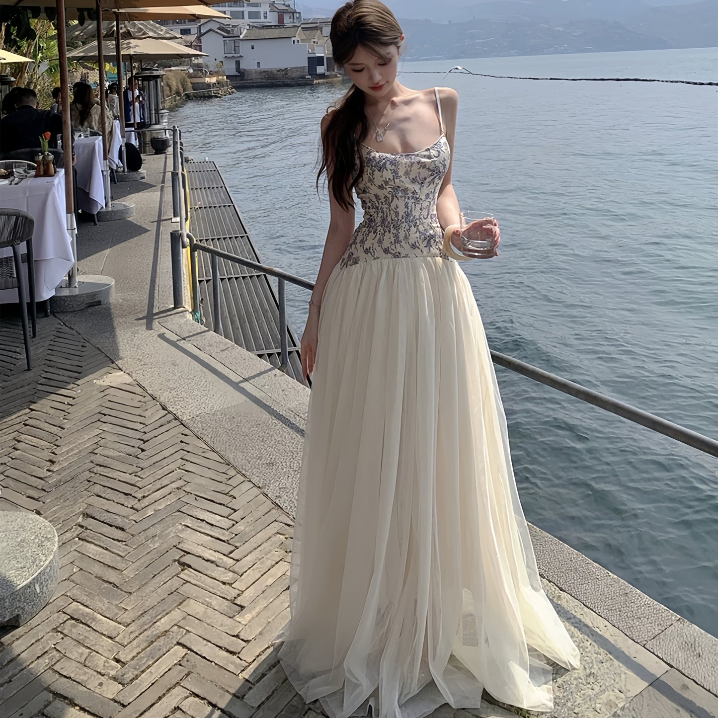 【dress】チュールドッキング花柄キャミワンピース Q8398