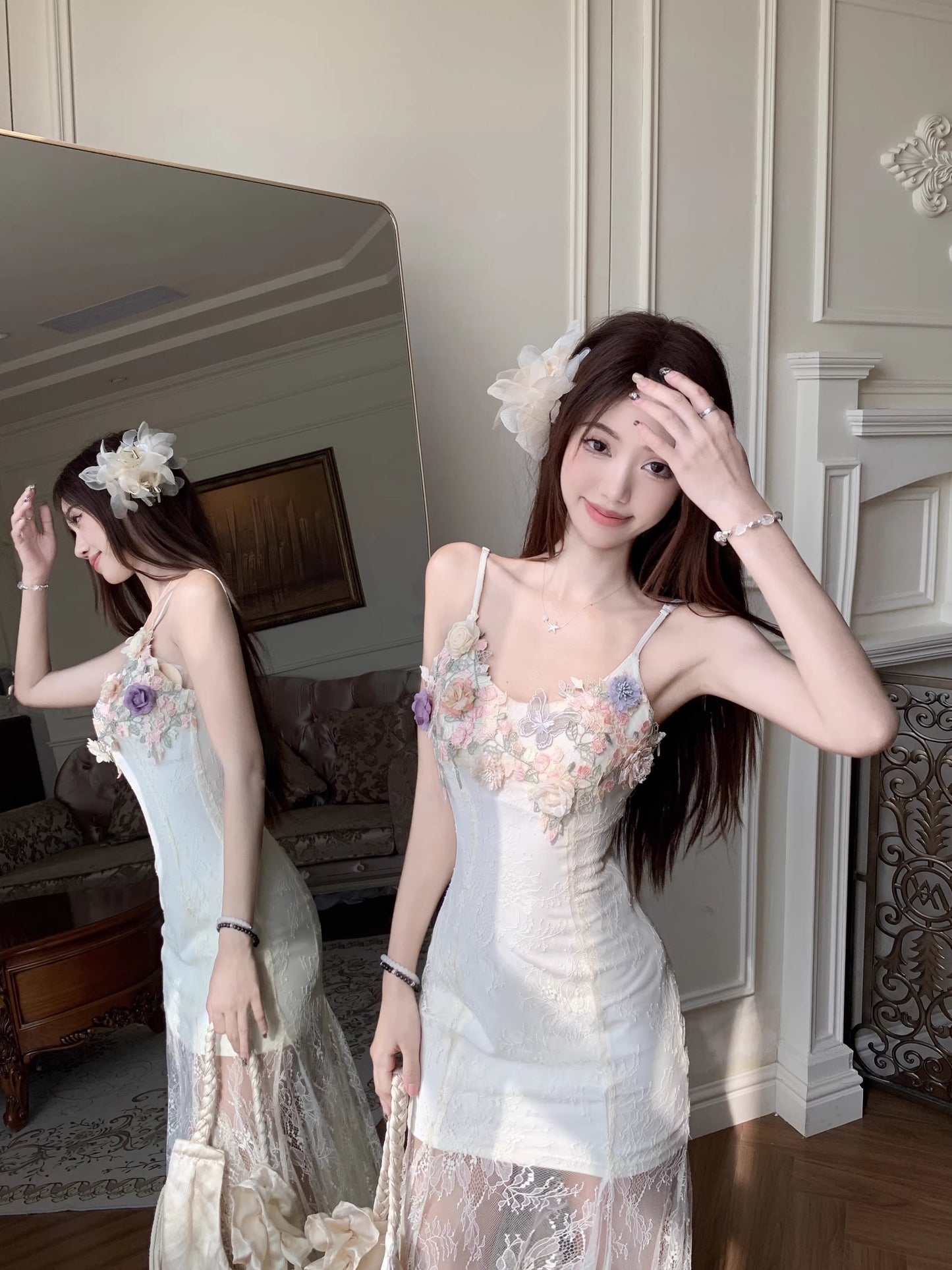 【dress】フラワー付きチュールドッキングロングキャミワンピース Q8259