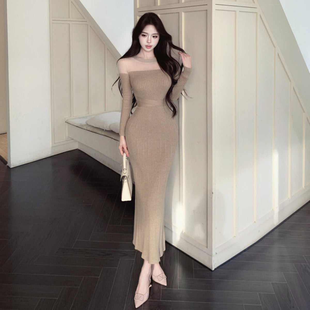 【dress】透け感マーメイドニットワンピース　N3517