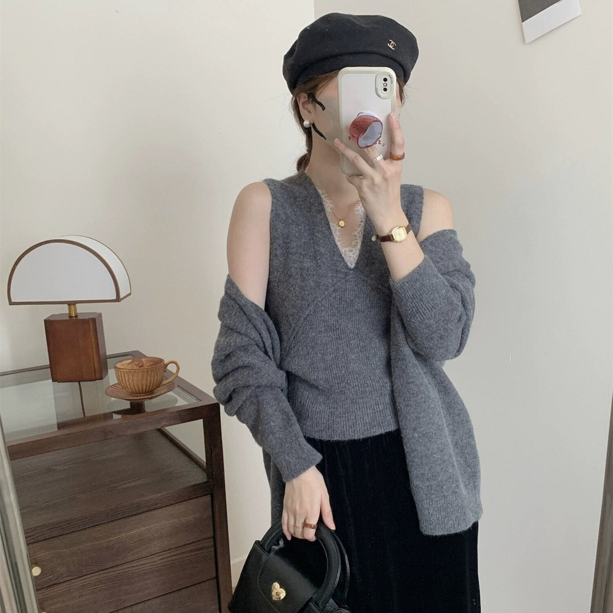 【tops】レース切り替えノースリトップス×カーディガンセット　N2155