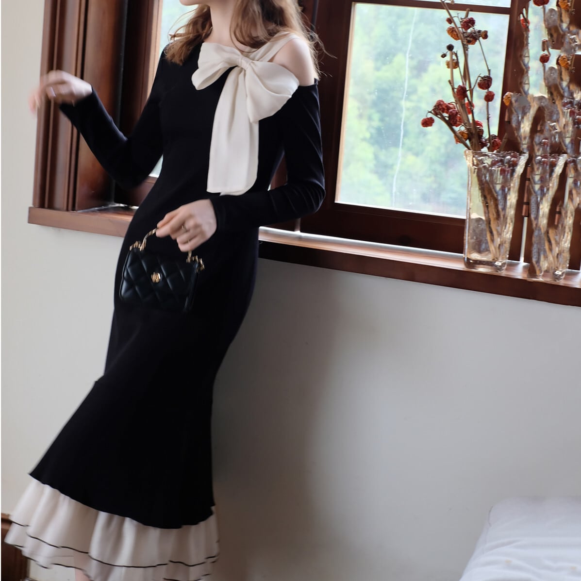 【dress】リボンメッシュ切替ワンピースF8303