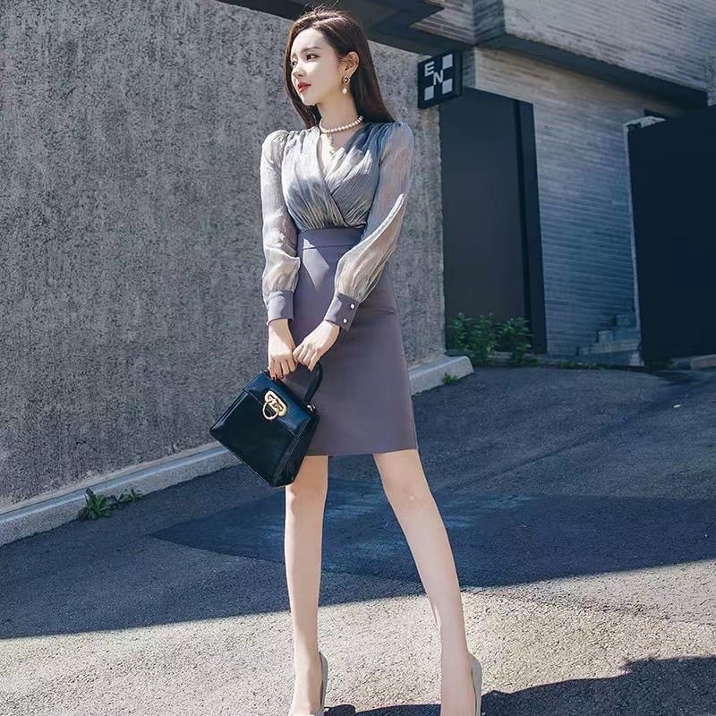 【dress】細身効果抜群♪OL通勤Vネック長袖韓国ファッション体型カバー配色デートワンピースF1758