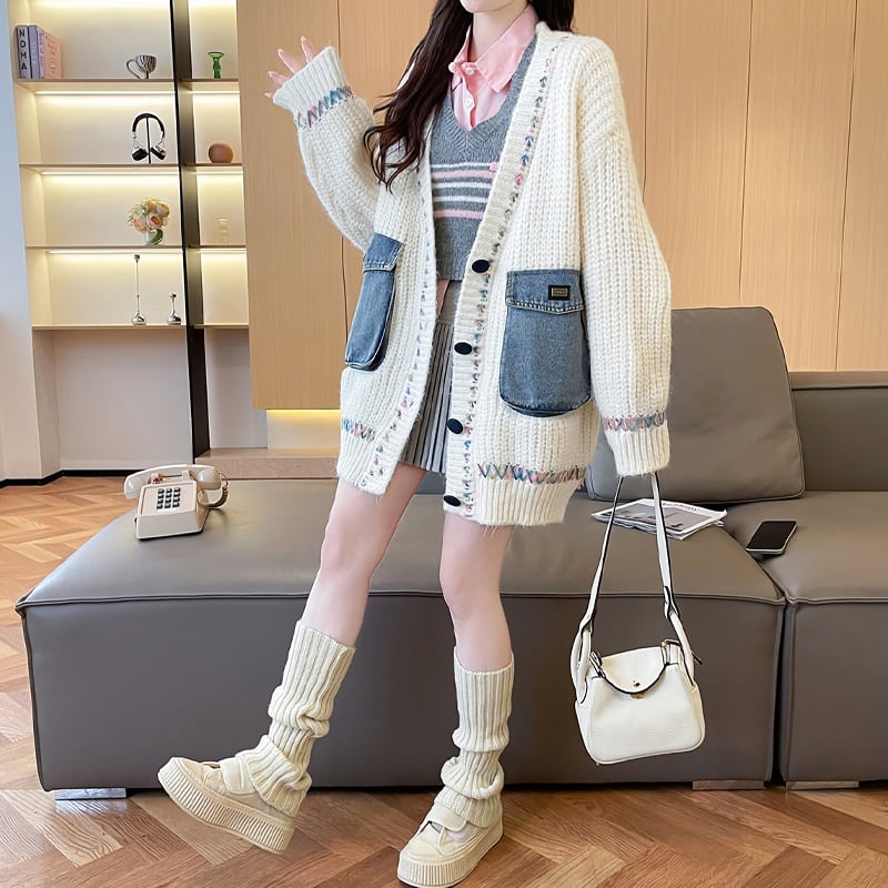 【outer】デニムドッキングニットカーディガン Q7187