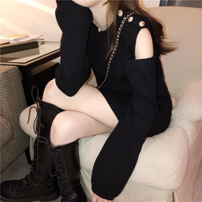 【dress】オープンショルダーニットワンピース Q7576