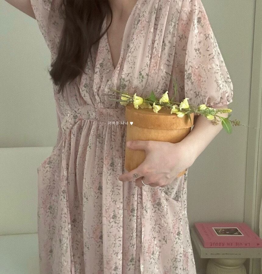 【dress】Vネック花柄パフスリーブワンピース G20746