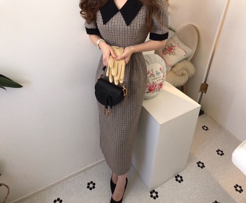 【dress】韓国風好感度UP!気質満点着痩せ折り襟 エレガント千鳥格子ワンピース G0336