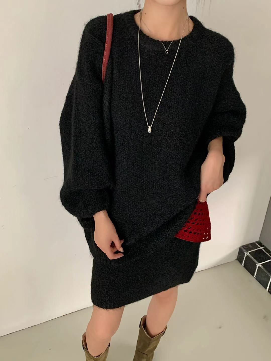 【set】ロングニットトップス×ストレートスカートセット Q7376
