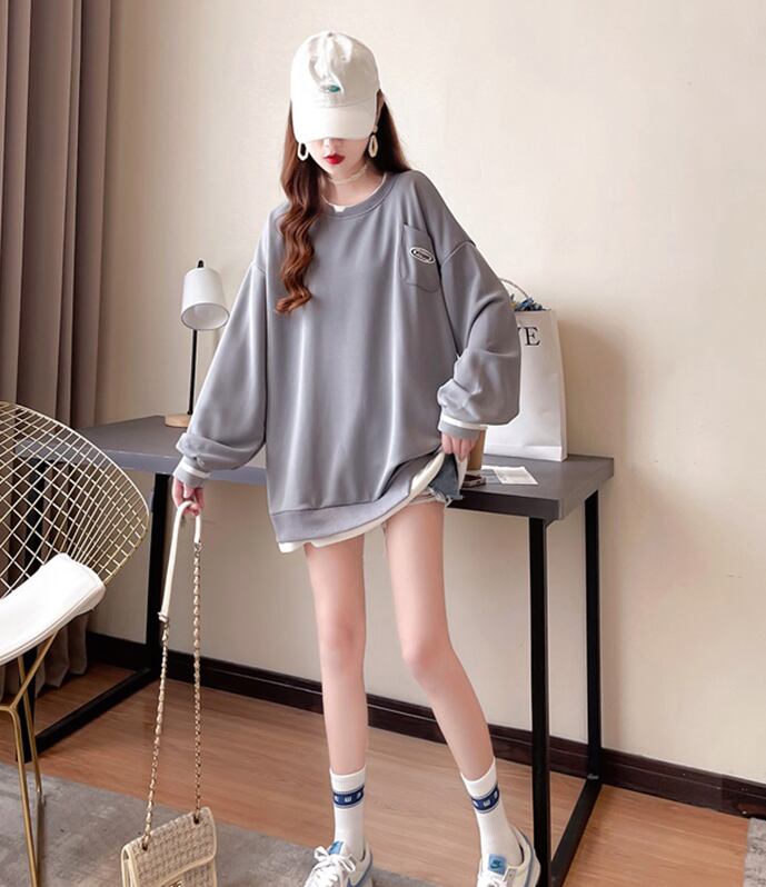 【tops】ラウンドネック長袖偽二つ切り替え英字柄ゆったり着回しパーカーF0676