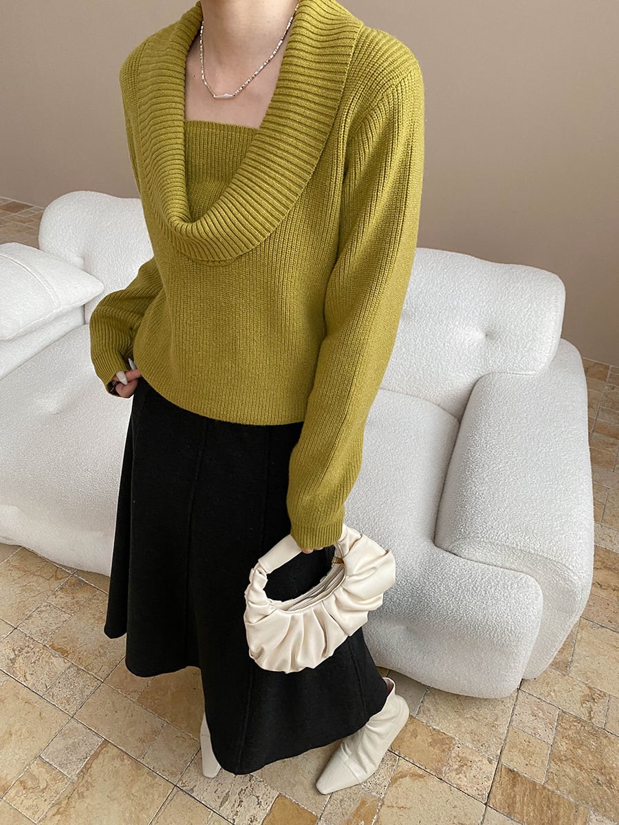 【tops】5色展開ドレープドネックニットトップス Q7379