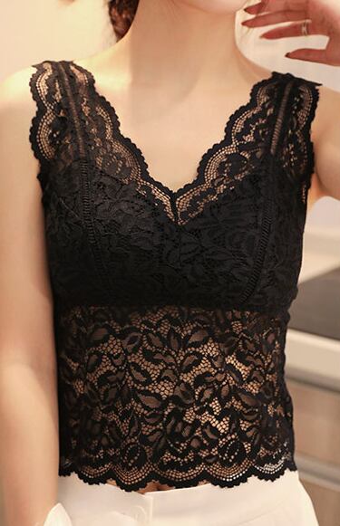 【tops】4色Vネックレース無地カップ付きインナー楽盛りキャミソールF0193