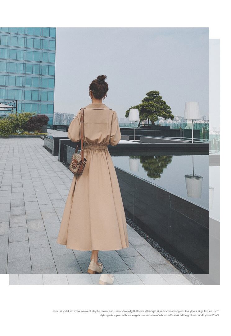 【dress】OL通勤気質満点レトロスウィート長袖Vネック無地着痩せワンピース