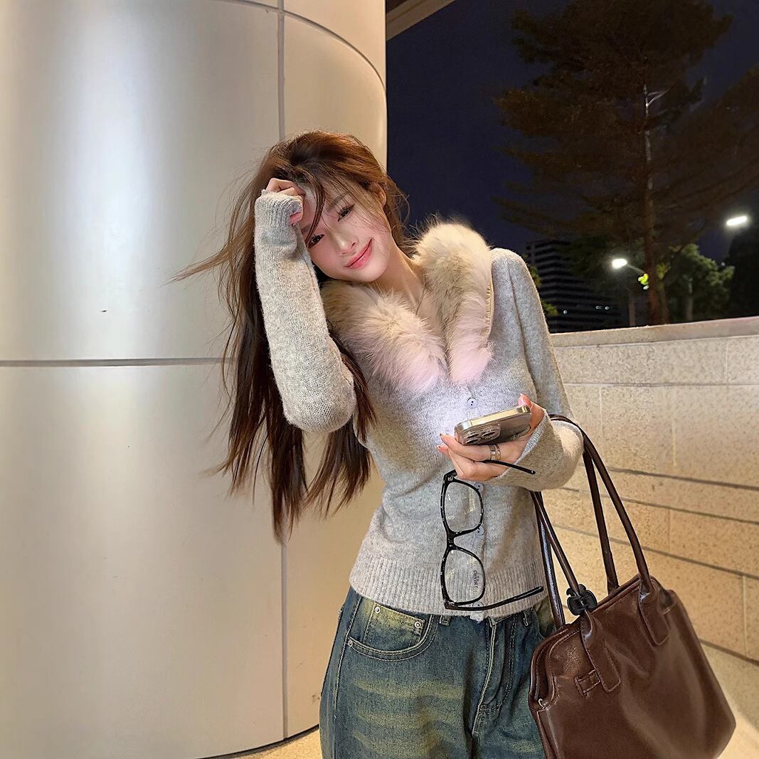 【outer】ファー付きニットカーデ　M28840