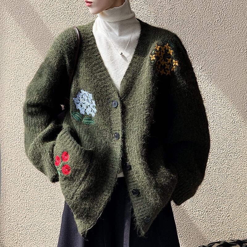 【outer】フラワー刺繡ニットカーディガン Q6972