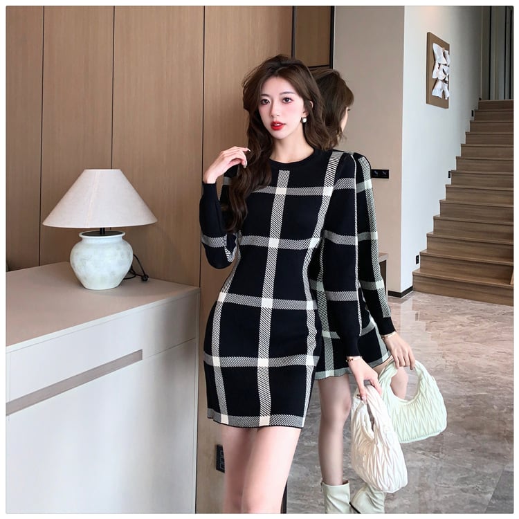 【dress】チェック柄ニットワンピース G17066