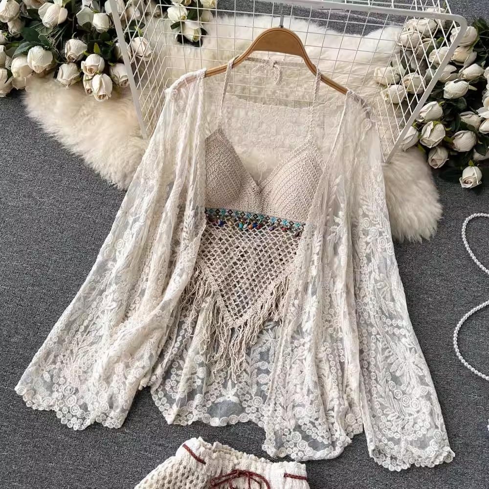 【set】カーディガン+フリンジキャミソール+ショートパンツ3点セットF7520