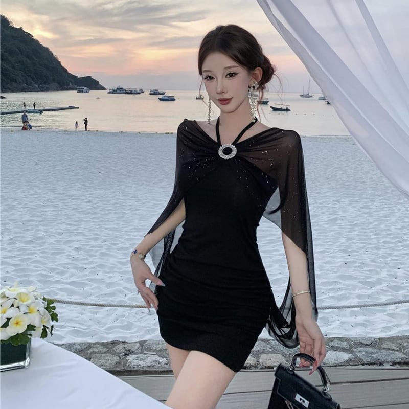 【dress】チュールドッキングホルターネックタイトワンピース Q8185