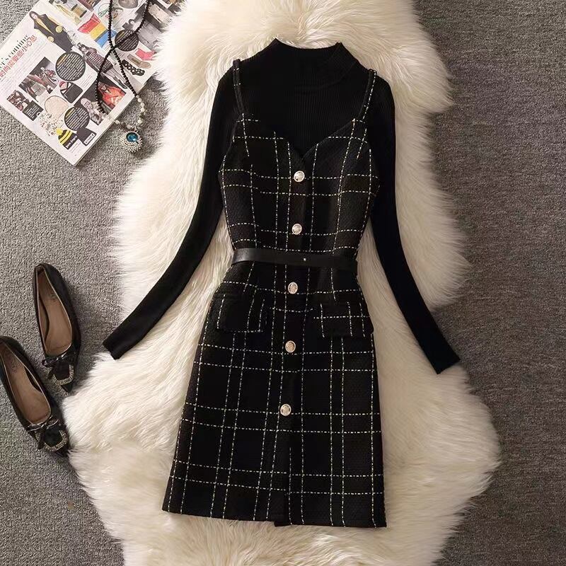 【set】一目惚れ！2点セット無地セーター+Vネックウェスト絞りチェック柄キャミワンピース通勤日常セットアップF1405