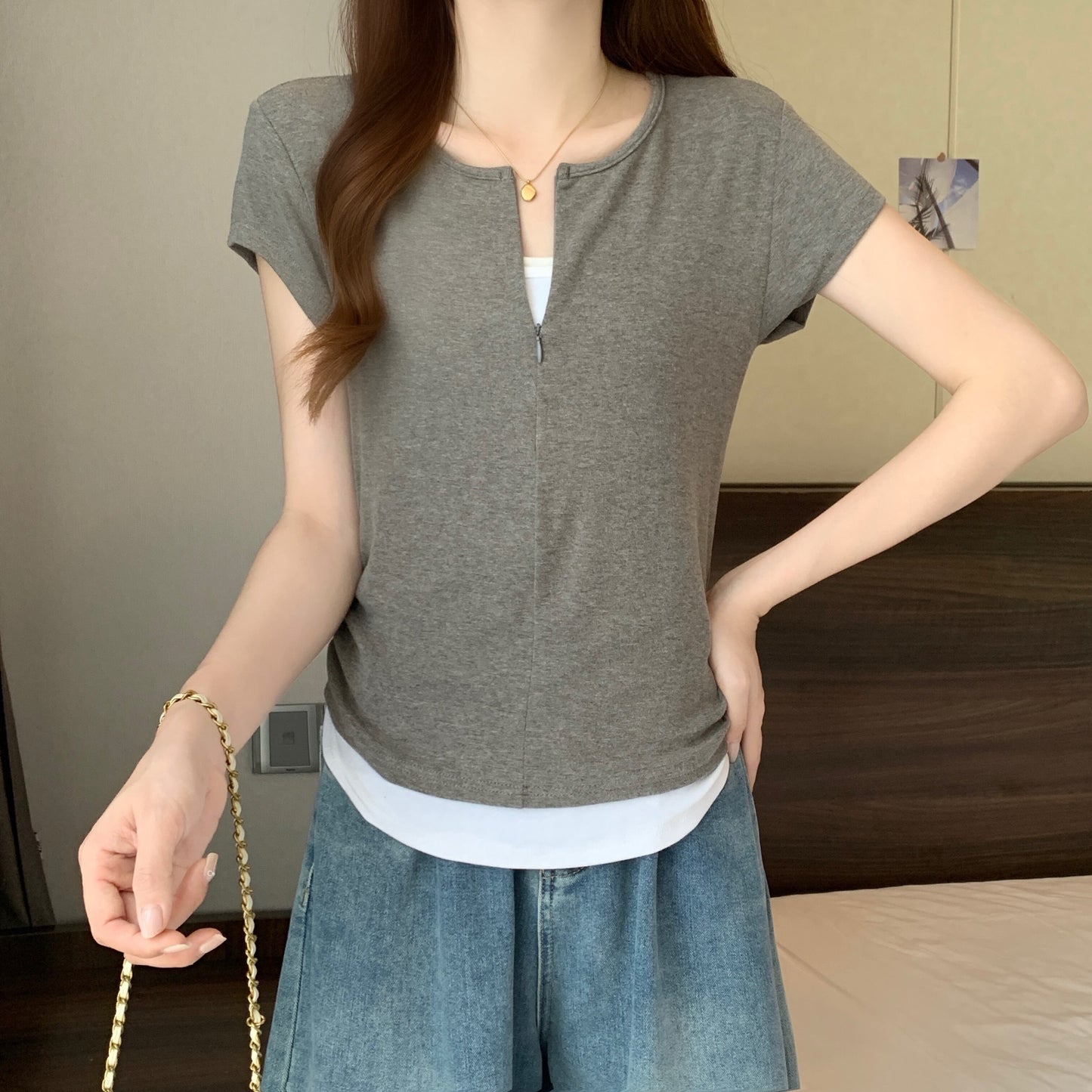 【tops】偽二つ切り替えTシャツG21042