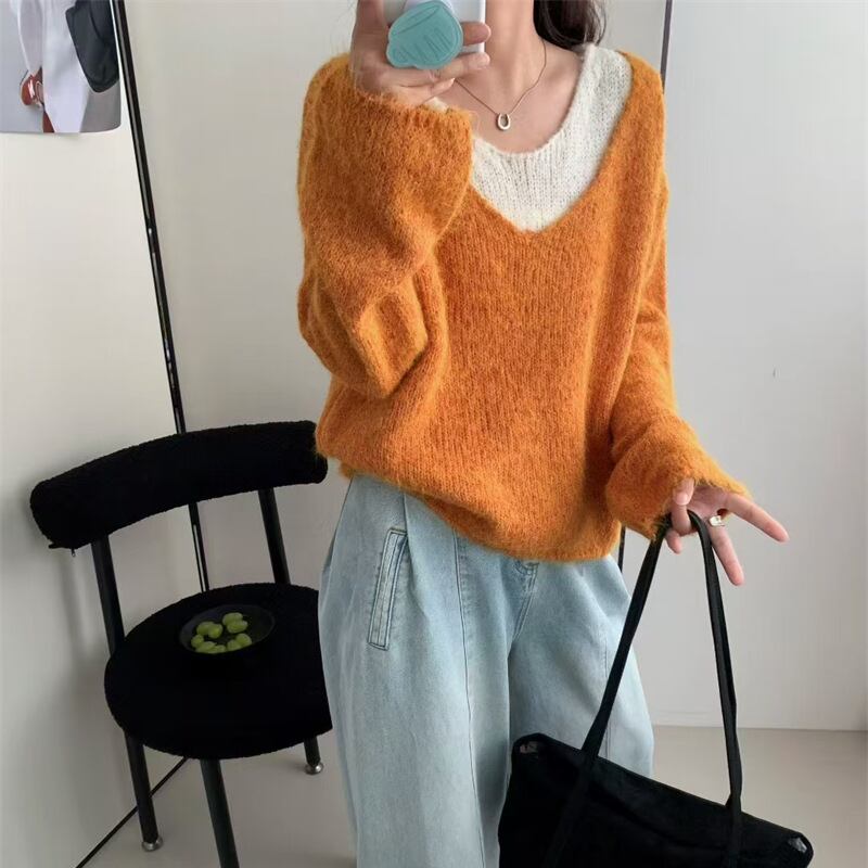 【tops】フェイクレイヤードニットトップス Q7072