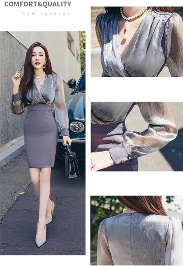 【dress】細身効果抜群♪OL通勤Vネック長袖韓国ファッション体型カバー配色デートワンピースF1758