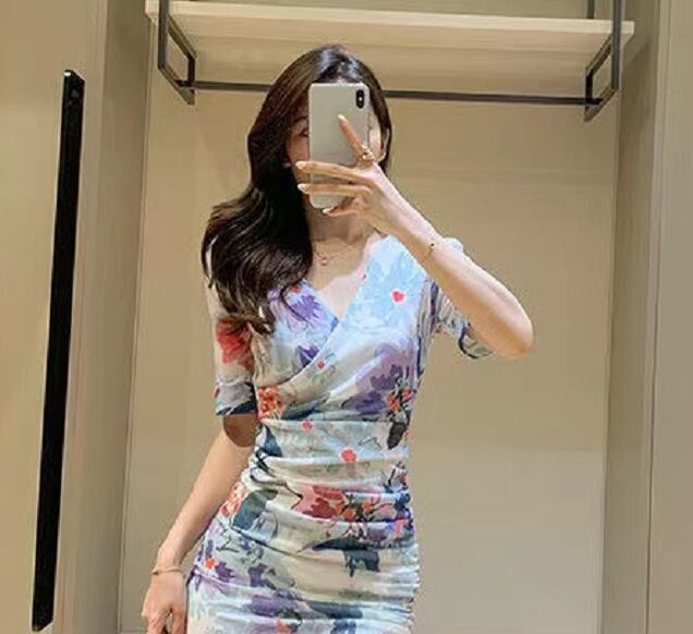 【dress】今季マストバイVネック半袖花柄配色スリット披露宴二次会着やせタイトワンピースF2742