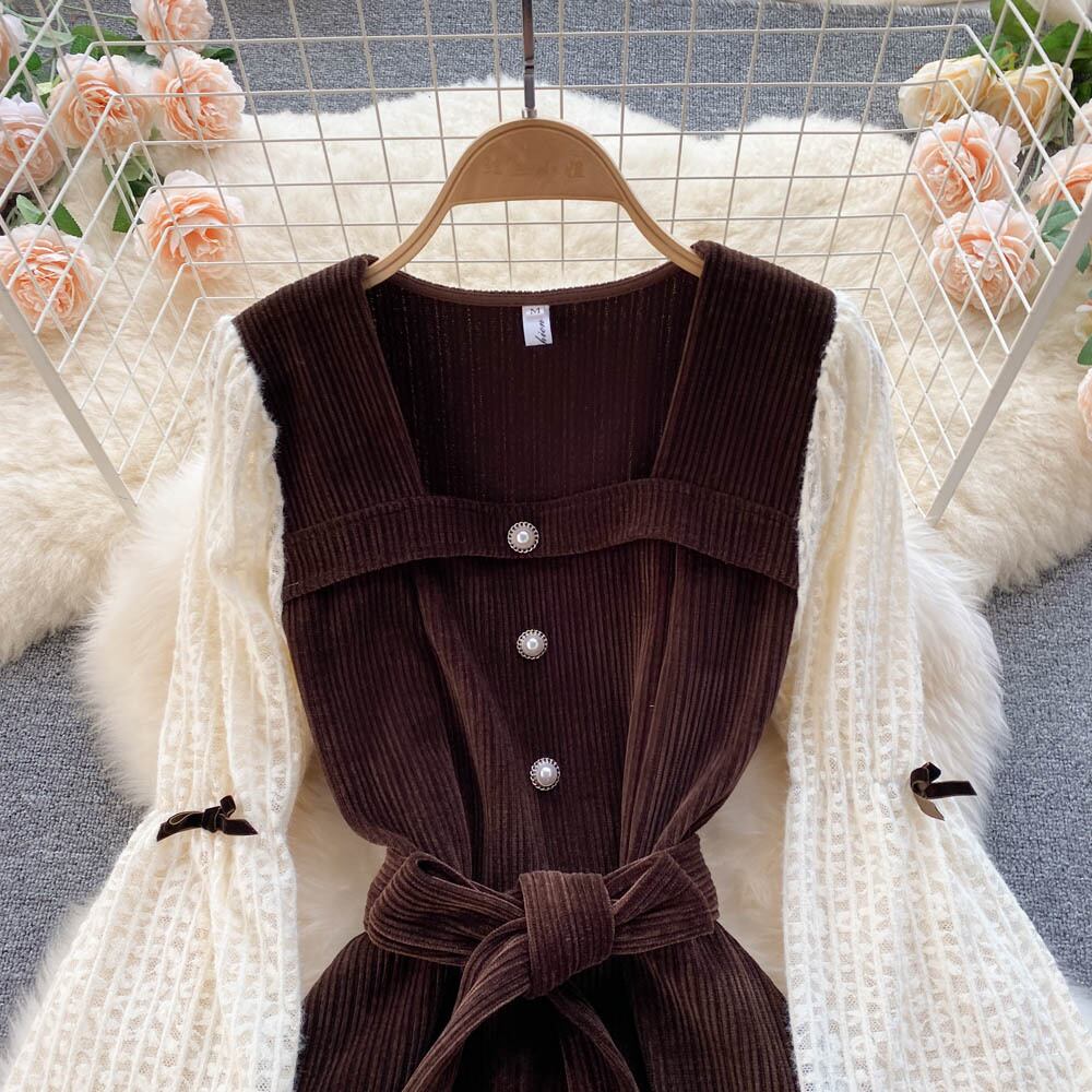 【dress】ファッションレトロスウィートデザインレース切り替えパフスリーブワンピース G3200