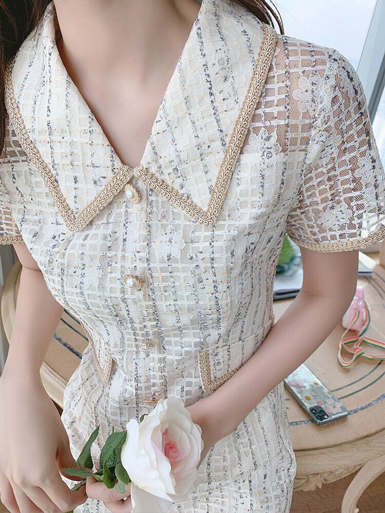 【dress】美人度アップ!気質満点折り襟夏透かし彫り着痩せ ワンピース G0465