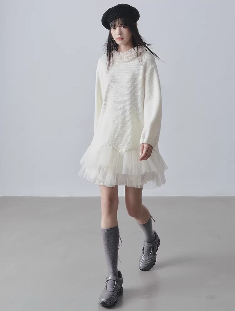 【dress】チュールドッキングフリルネックニットワンピース Q7965
